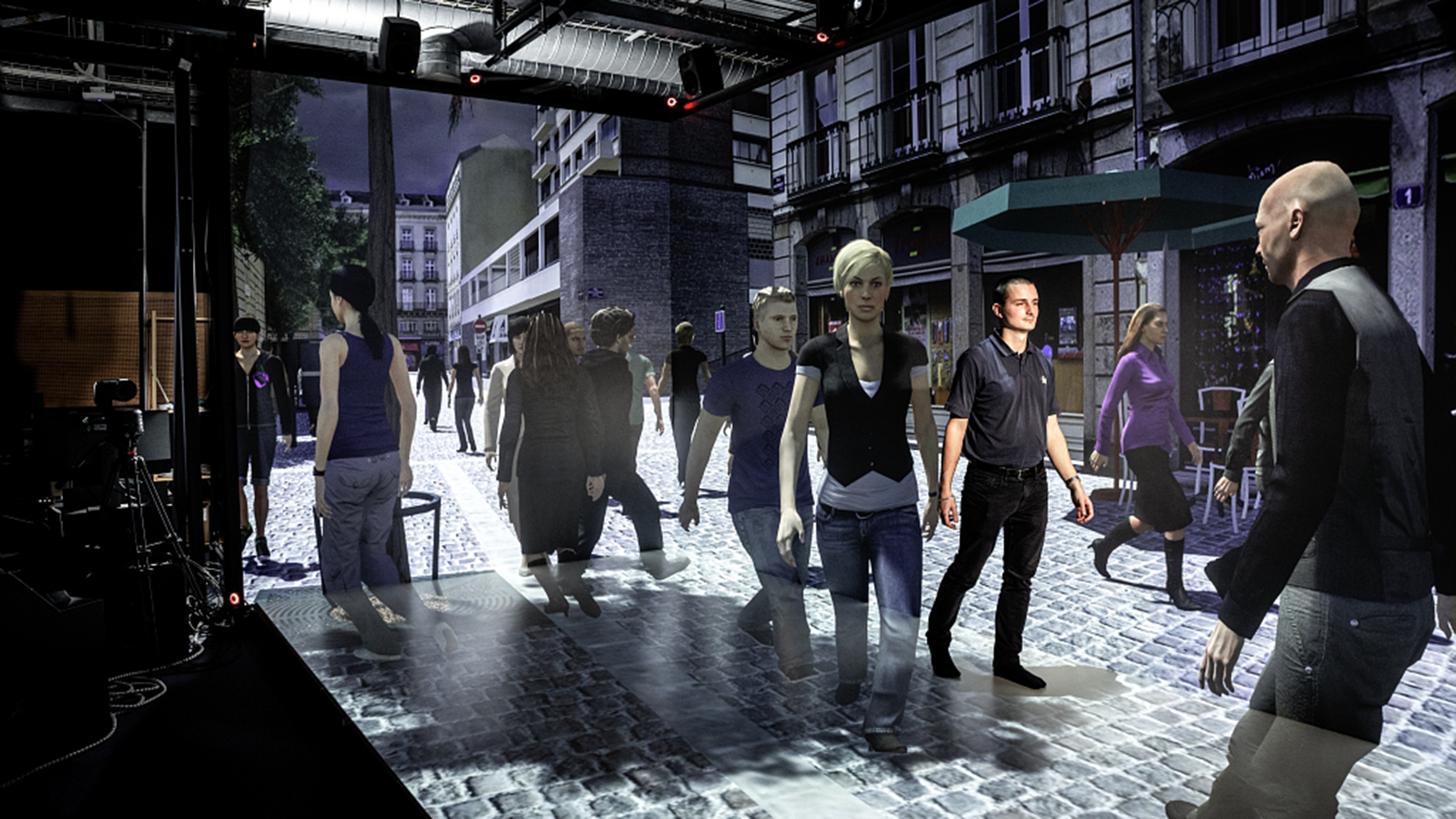Homme marchant dans une foule virtuelle