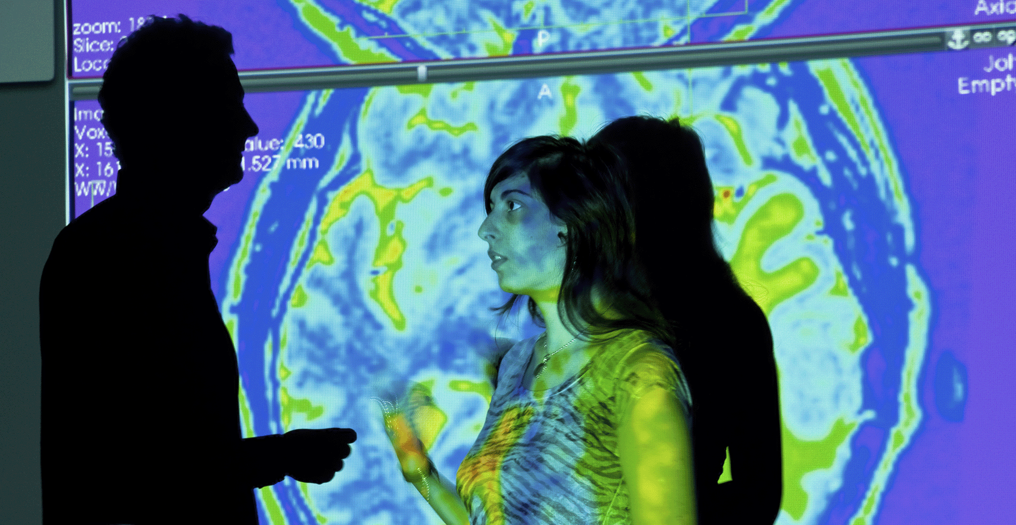 Photo de chercheurs devant une coupe d'une IRM d'un patient affichée en "fausses couleurs"