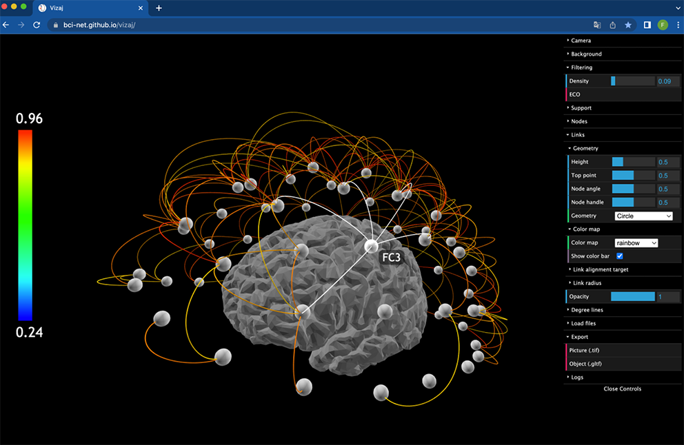 Capture d'écran du logiciel interactif Vizaj qui visualise des réseaux spatiaux en 3D. 