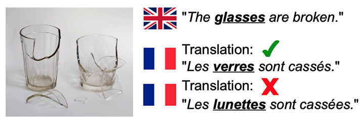 Photo de deux verres pour boire qui sont brisés. À côté, la phrase de départ en anglais et les deux traductions possibles du mot "glasses" : "lunettes" ou "verres".