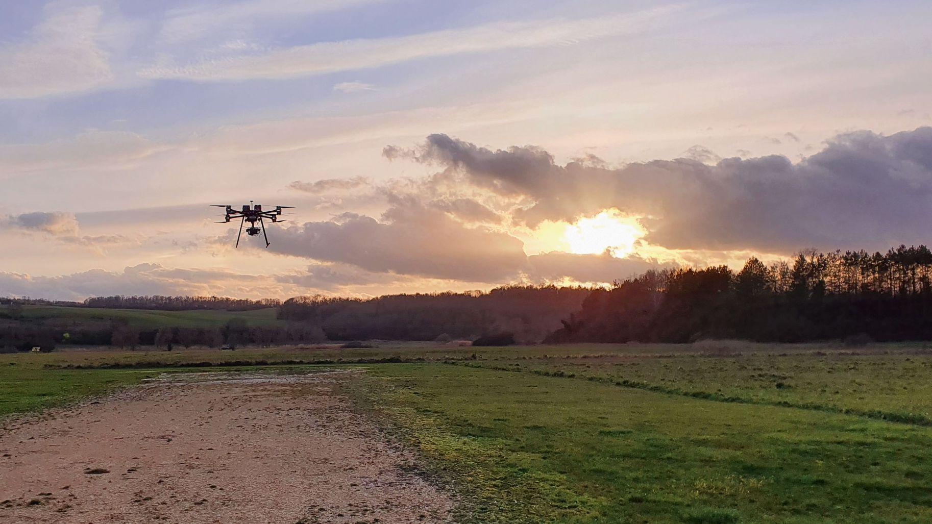 Drone volant dans un champ 
