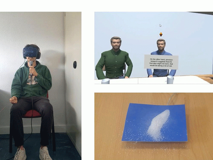Personne ayant un casque de VR et un micro, ayant une discussion dans un univers virtuel avec un dispositif de vibration