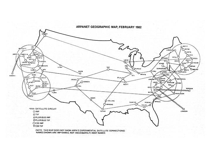 Carte géographique de l'étendue du réseau Arpanet en février 1982