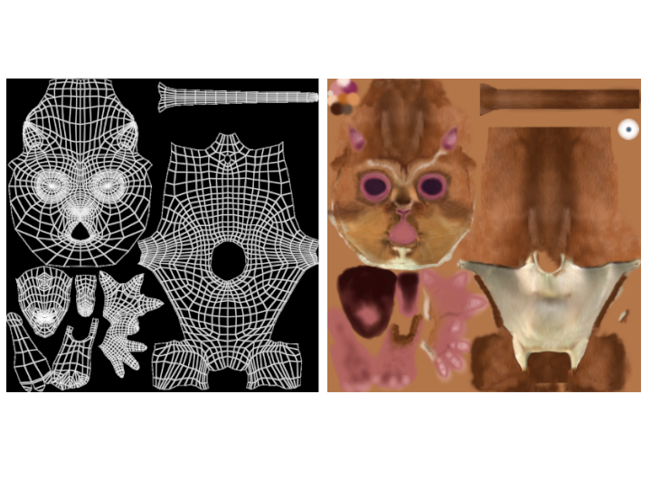 Exemple de plaquage de texture : l’objet 3D est découpé en plusieurs morceaux qui sont mis à plat puis peints en 2D
